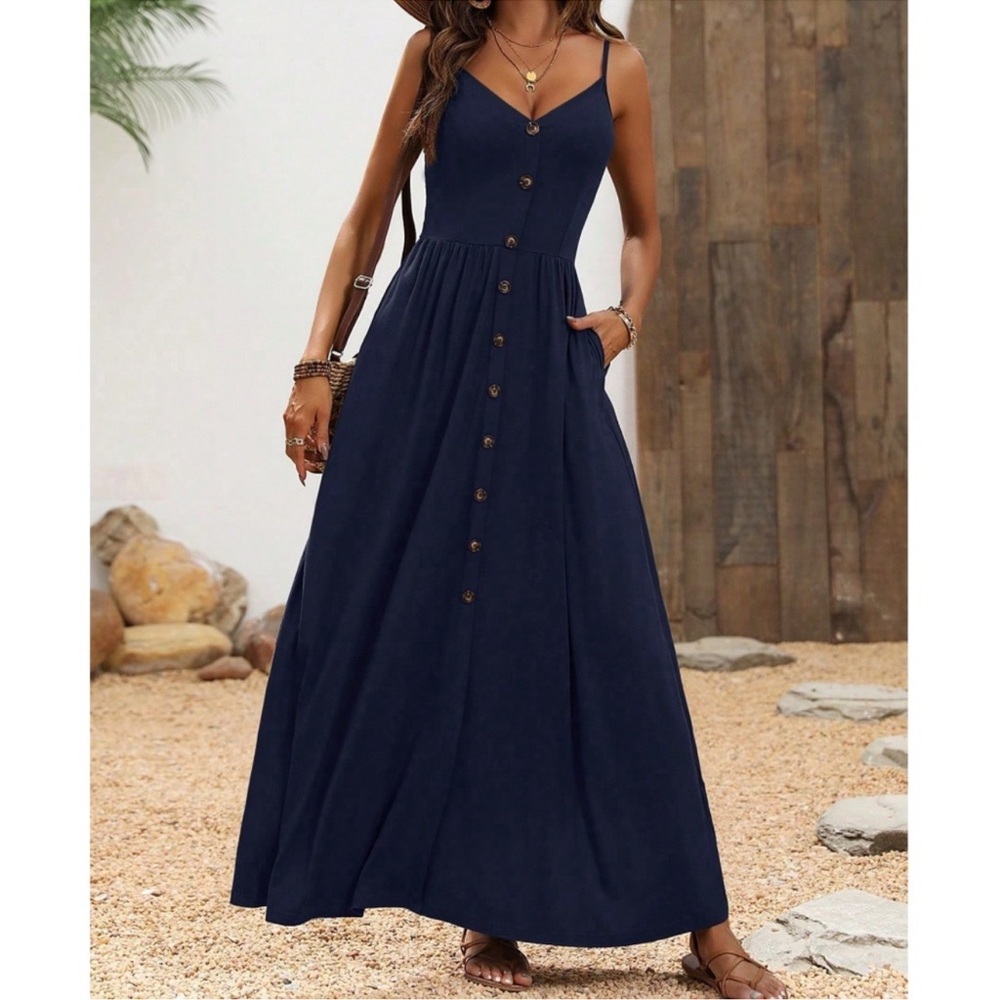 Bohemian Navy Button Maxi Dress S M L XL